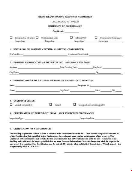 certification for dwelling conformity template