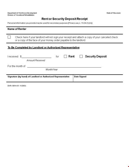 rent receipt template for security deposit purpose  template