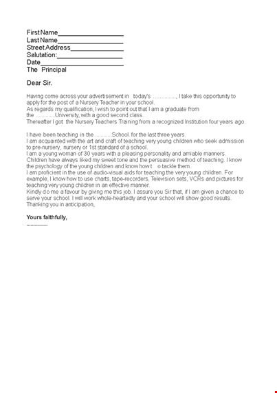 job application letter for nursery teacher template