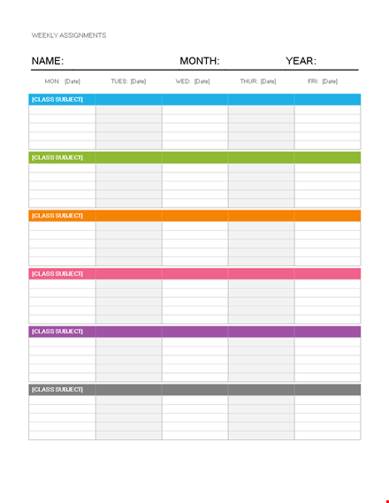 weekly calendar template - organize your class assignments template