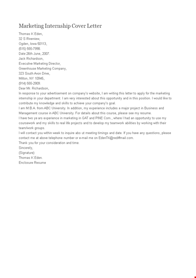 cover letter for marketing internship template