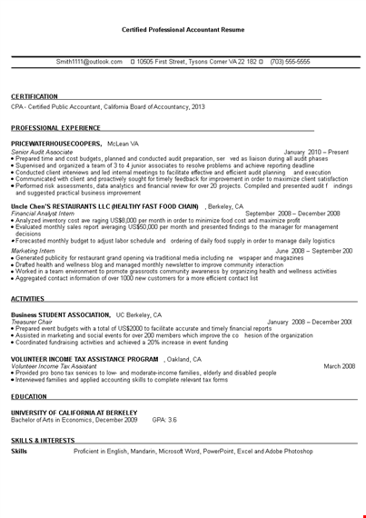 certified professional accountant resume template
