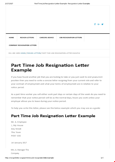 resignation letter template for part time job - example notice letter template