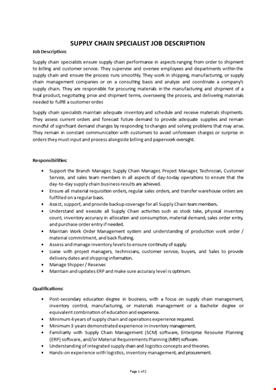 supply chain specialist job description template