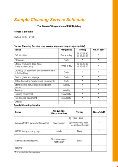 office cleaning services schedule template template