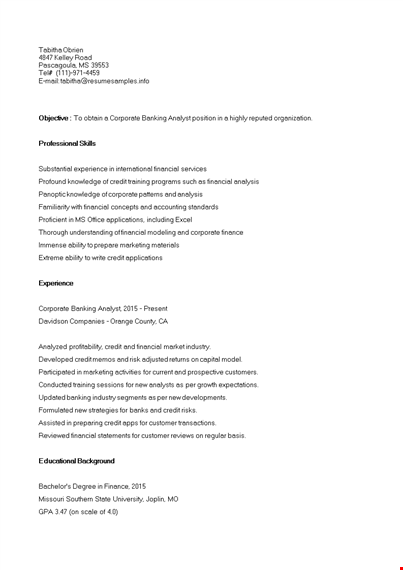 corporate banking analyst resume template