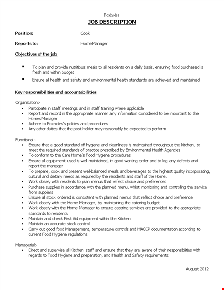 cook supervisor job description template