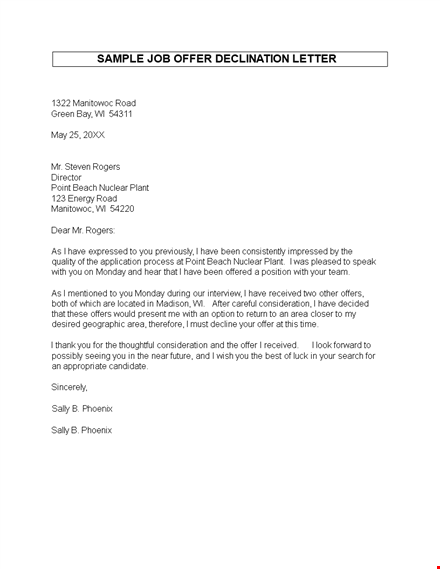 job offer rejection letter - | formal employment rejection, manitowoc, rogers template