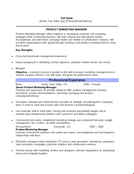 product marketing manager resume template