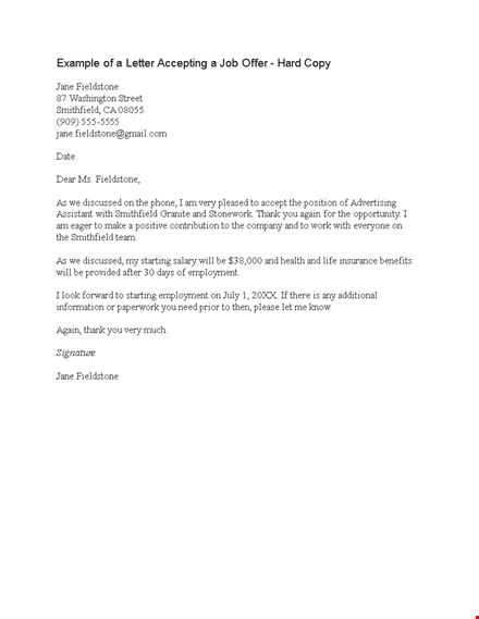 job acceptance letter template