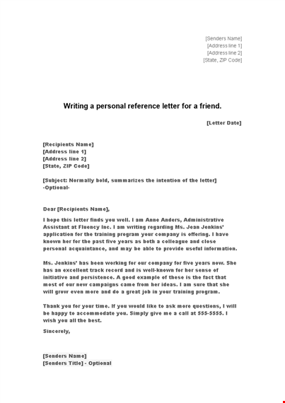 professional reference letter template