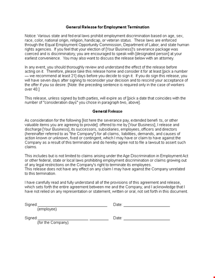 employee termination release form template