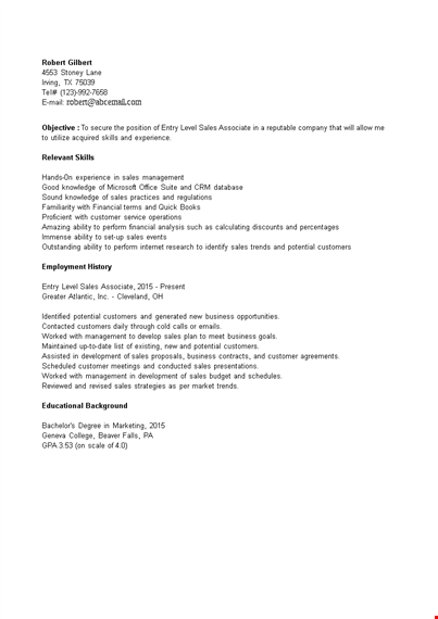 entry level sales associate resume | sales, management, customer ability template