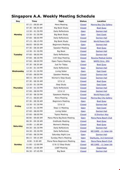 weekly meeting schedule template template