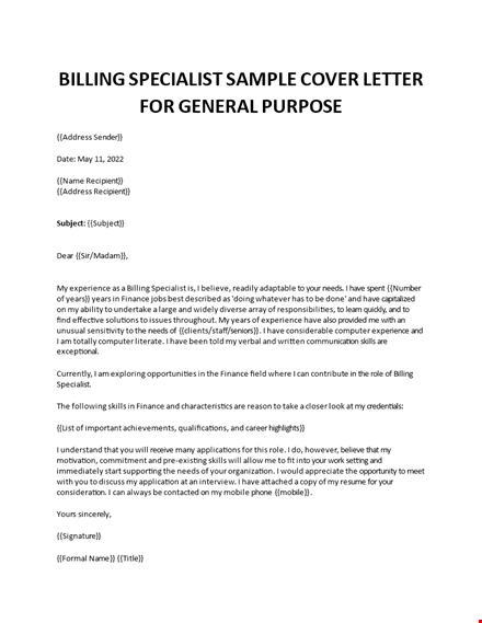 billing specialist sample cover letter template