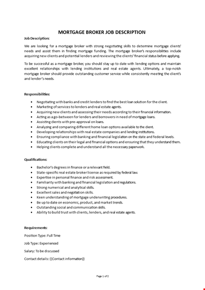 mortgage broker job description template