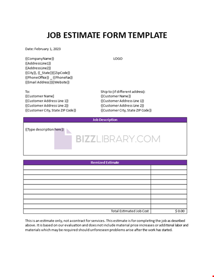 job estimate form template template