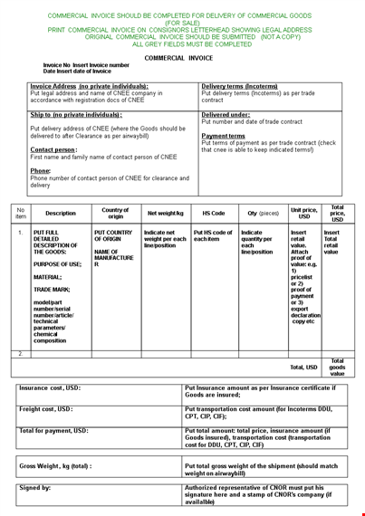 sample commercial invoice template word template