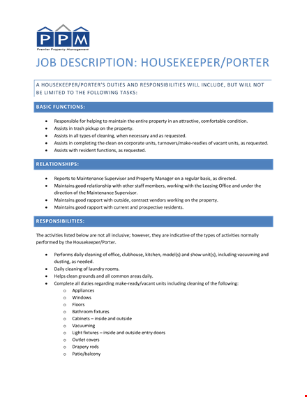 housekeeper porter job description - property cleaning | assists requested template