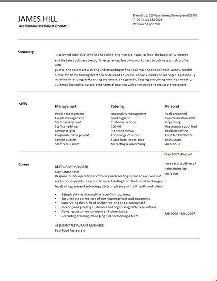 sample restaurant manager resume | effective management of staff at restaurant | dayjob template