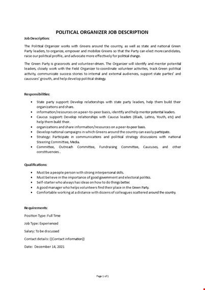 political organizer job description  template