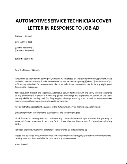 automotive service technician cover letter  template
