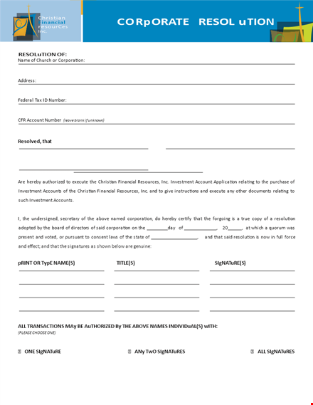 corporate resolution form for investment - signatures | corporation template