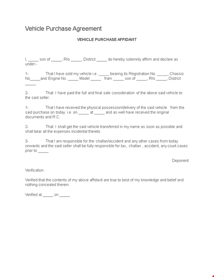 vehicle purchase agreement - buy or sell your vehicle with confidence template