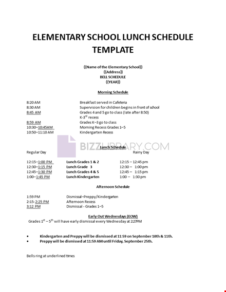 elementary school lunch schedule template