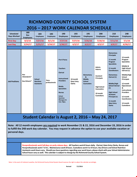 employee calendar - school employees - monthly hours | manage schedules template