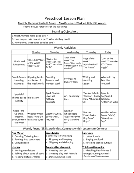 preschool monthly lesson plan template