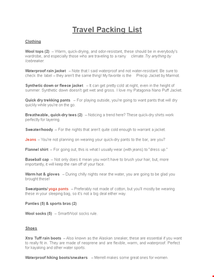 packing list template - quick & waterproof jacket included template