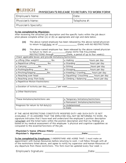return to work form for employee | physician restrictions template