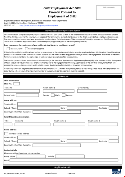 parental consent form template for school, employment, and address information of child template