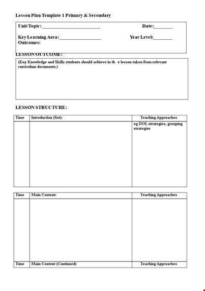 lesson plan template for teaching strategies and approaches template