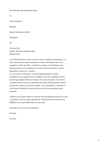 personal sales job resignation letter template