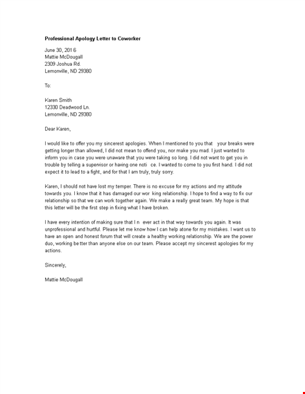 professional apology letter to coworker template