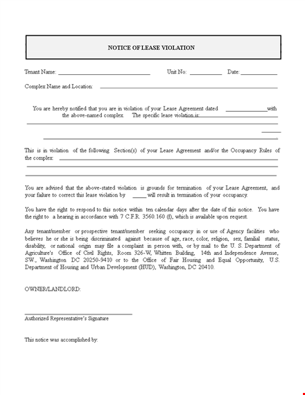 notice of lease violation template - informing complex tenant of lease violation template