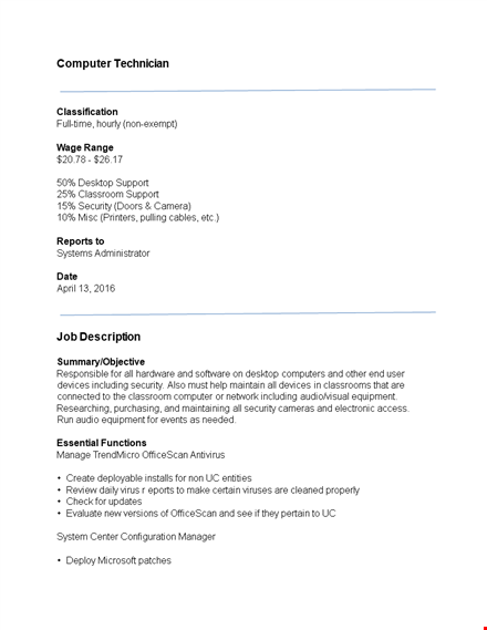 computer technician job description sample template