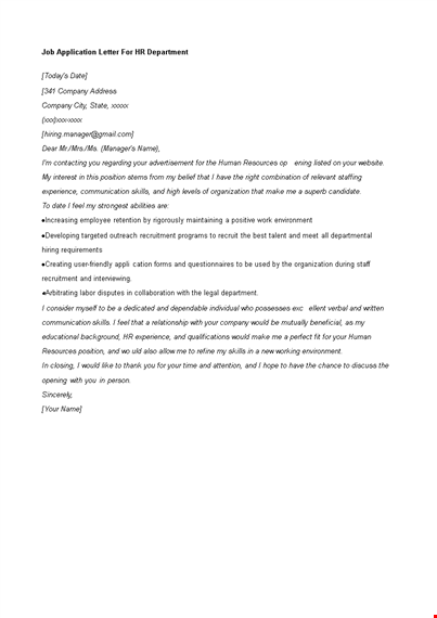 job application letter for hr department template