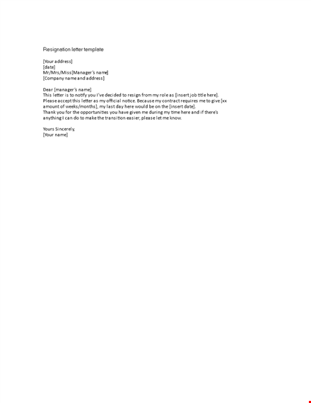 short resignation letter format template