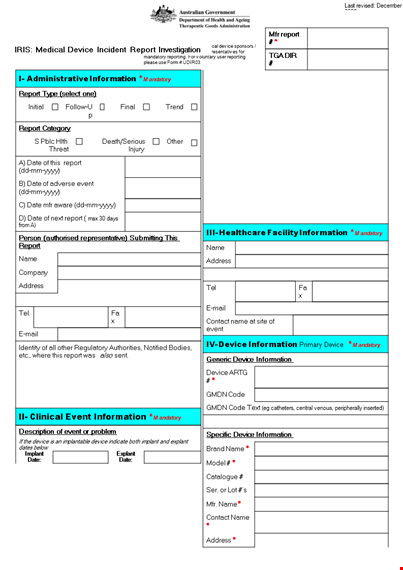 medical device incident report template