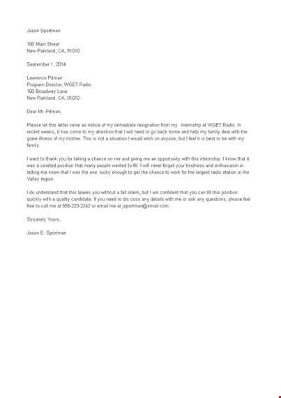 immediate internship resignation letter template