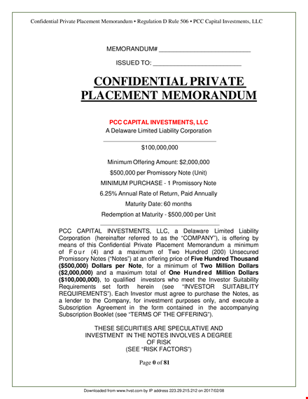 private placement memorandum template | company capital securities template