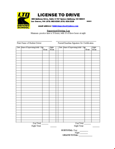 drivers daily log | total hours | night shift template