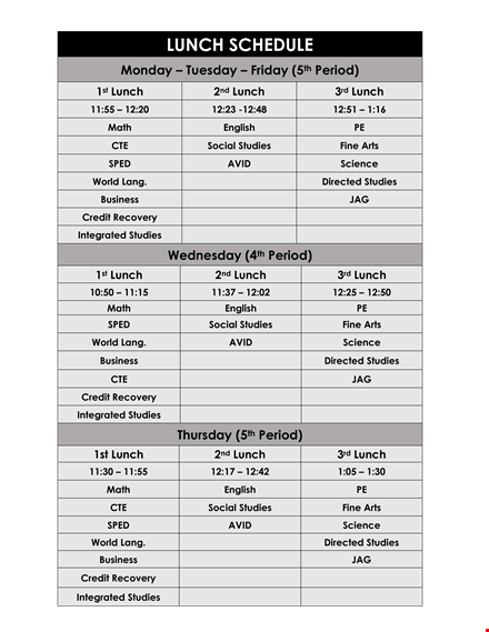 sample lunch schedule for period studies template