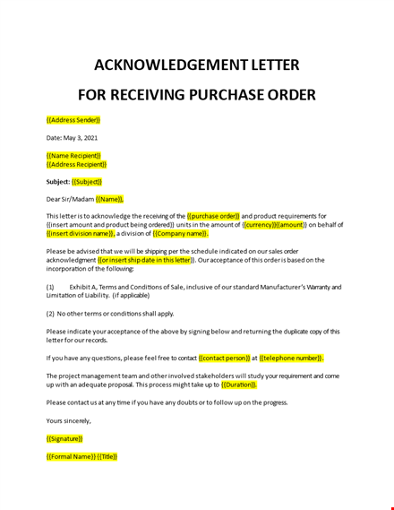 acknowledgement letter for receiving purchase order template