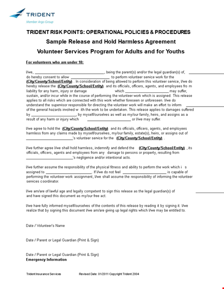 volunteer hold harmless agreement template for county release template