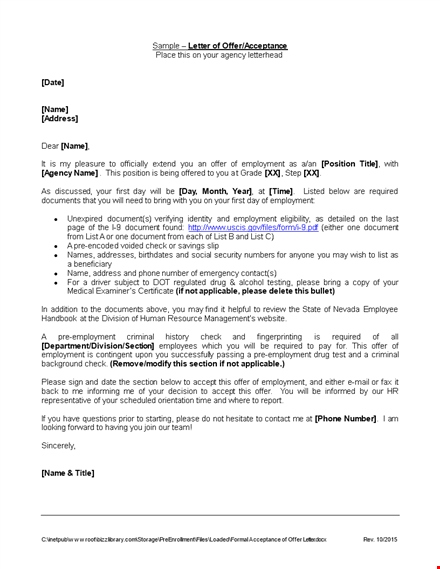 formal acceptance of offer letter template