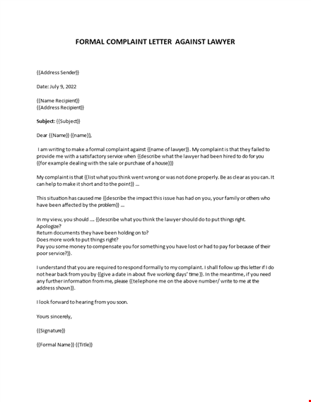 complaint letter against a lawyer template
